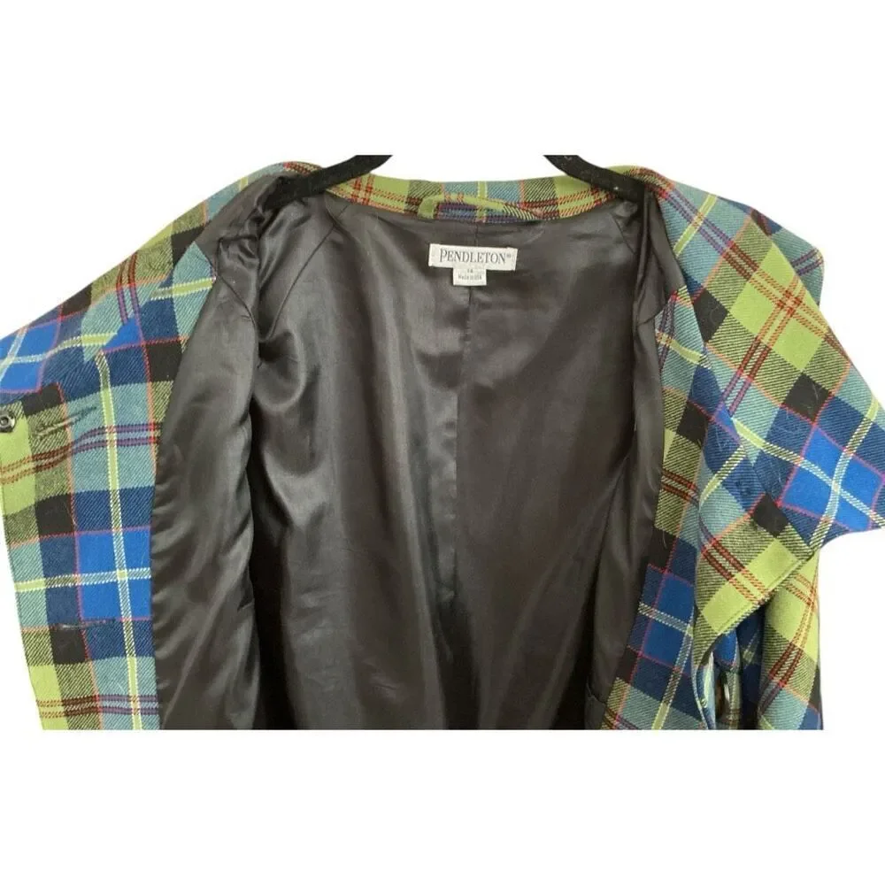 Pendleton Green Plaid 100% Virgin Wool Jacket/Blazer Modern Bell Sleeves 14 - Picture 4 of 6